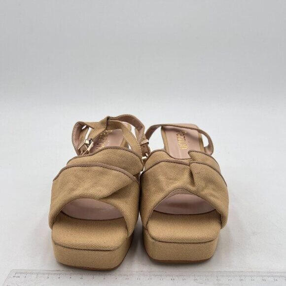 Pazzion Khaki Platform Square Toe Pleated Ruffle Chunky High Heels Strap Sandal - Picture 3 of 8